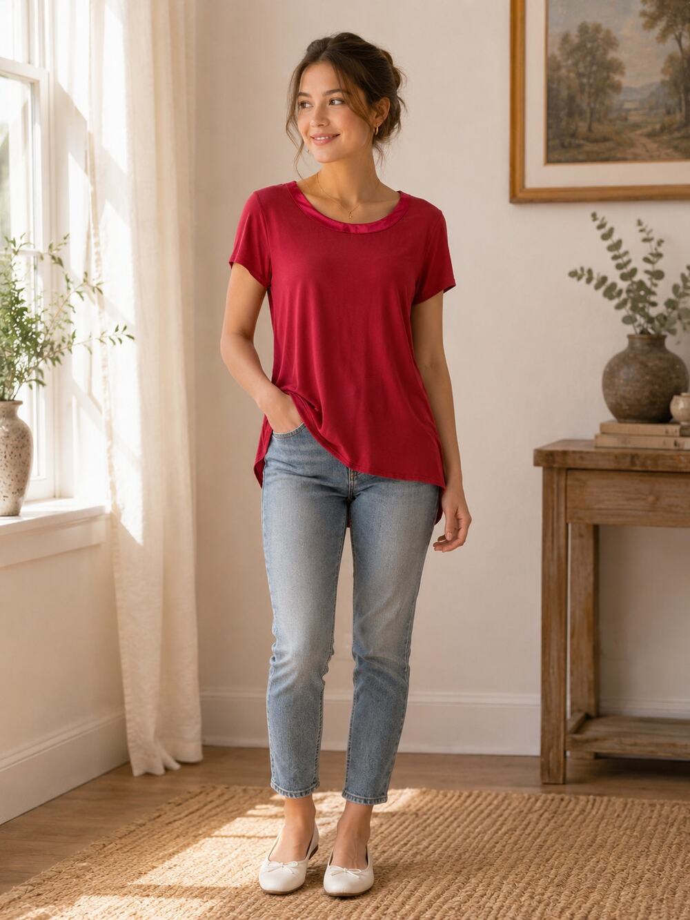 Alfani Petite P/L Burgundy Knit Top Satin Trim Short Sleeve Career Office